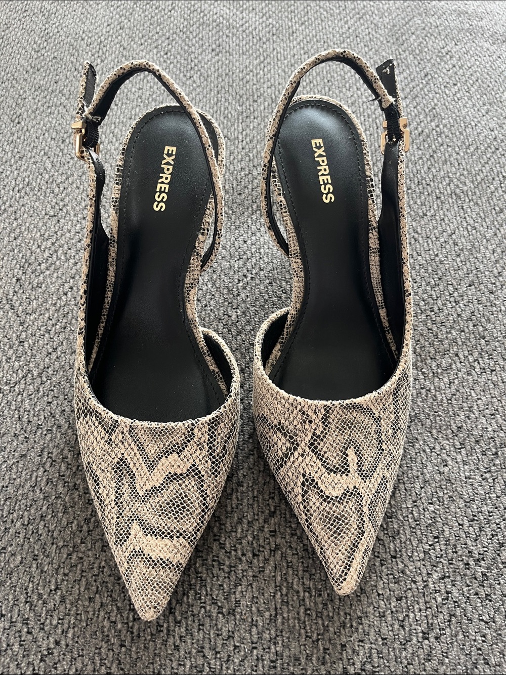 Express Snake-Print Slingback Pointed-Toe Heels in Beige and Black